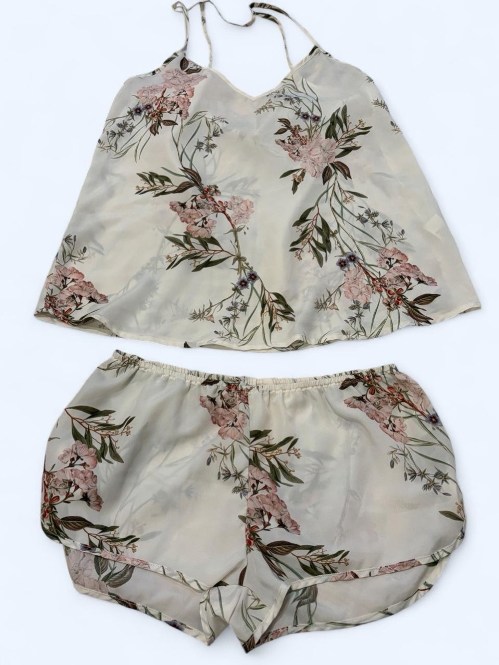 Floral silky Cami & Short Sleep Set - Soft Ivory with Pink Floral